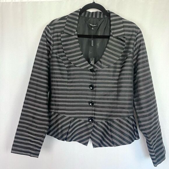 NWT Designer Samual Dong Striped Pleated Peplum Jacket Blazer Black Silver Women - Picture 13 of 14